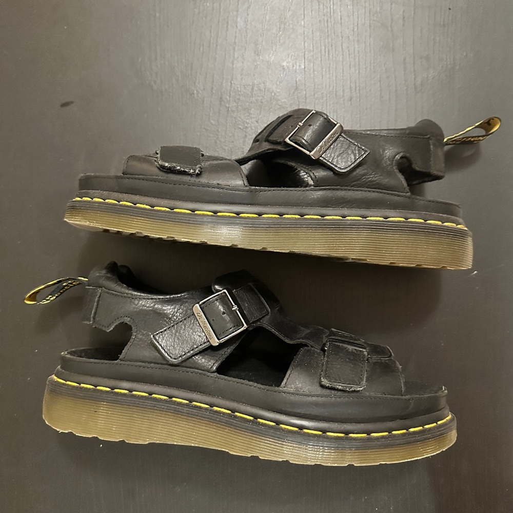 Dr. Martens Black Leather Sandals with Yellow Stitching